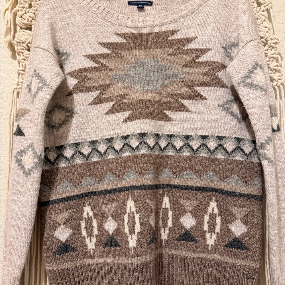 American Eagle Taupe & Brown Wool Sweater – Cozy Patterned Knit Pullover‎ Small